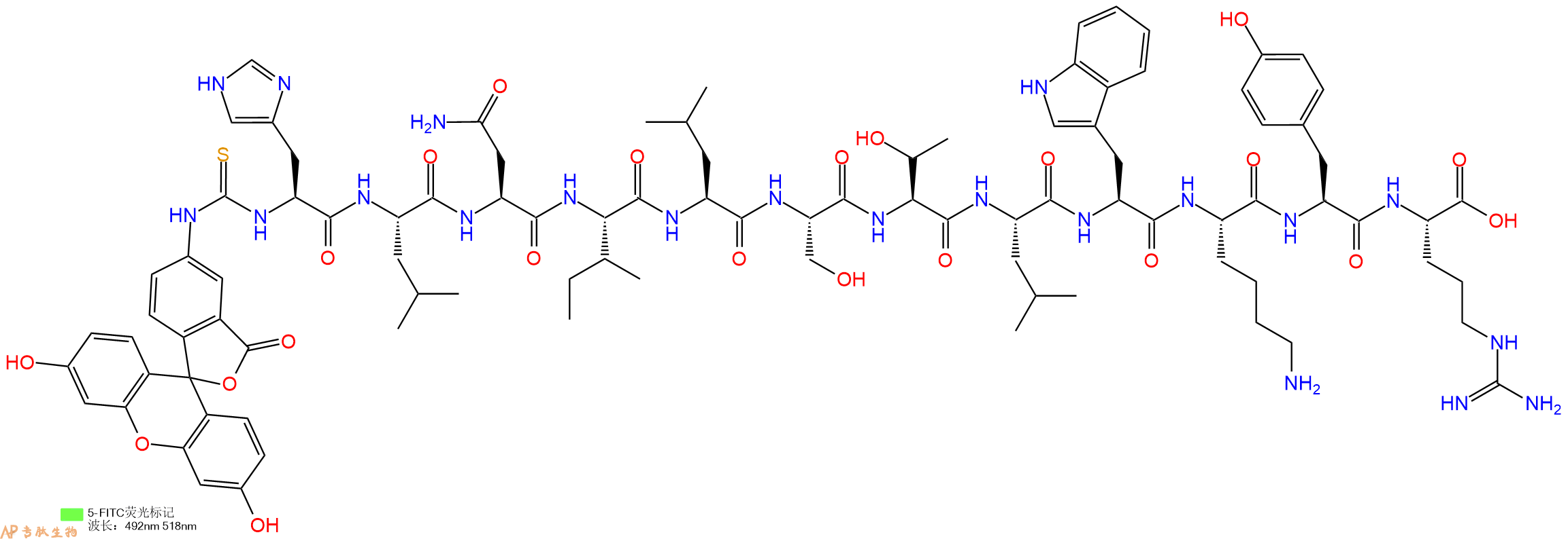 专肽生物产品5FITC-His-Leu-Asn-Ile-Leu-Ser-Thr-Leu-Trp-Lys-Tyr-Arg-OH