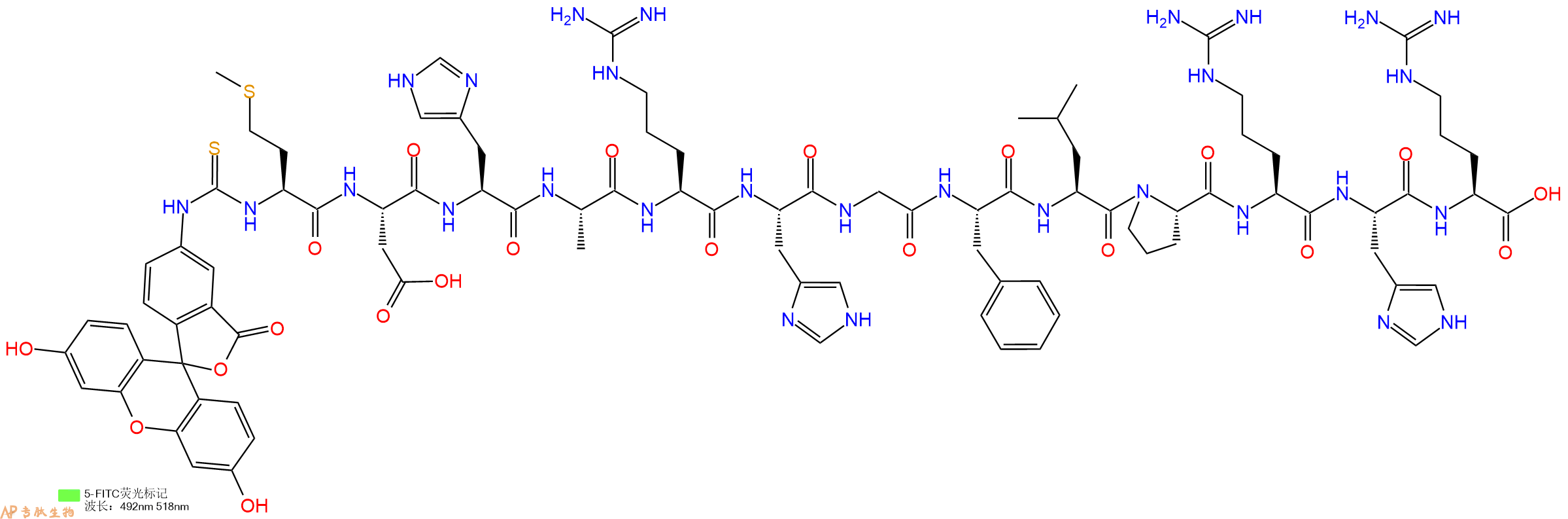 专肽生物产品5FITC-Met-Asp-His-Ala-Arg-His-Gly-Phe-Leu-Pro-Arg-His-Arg-OH