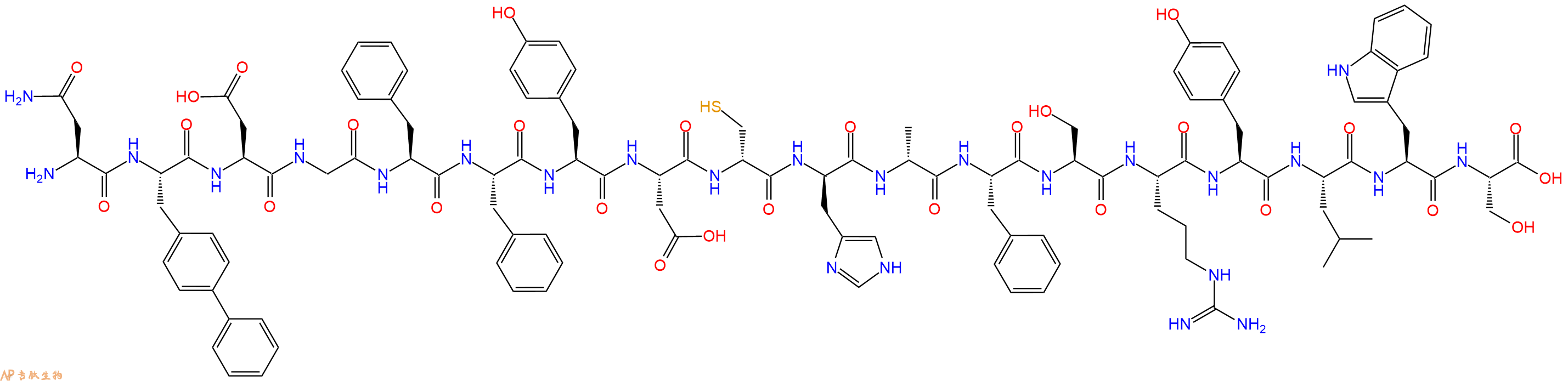 专肽生物产品H2N-Asn-Bip-Asp-Gly-Phe-Phe-Tyr-Asp-DCys-DHis-DAla-Phe-Ser-Arg-Tyr-Leu-Trp-Ser-OH