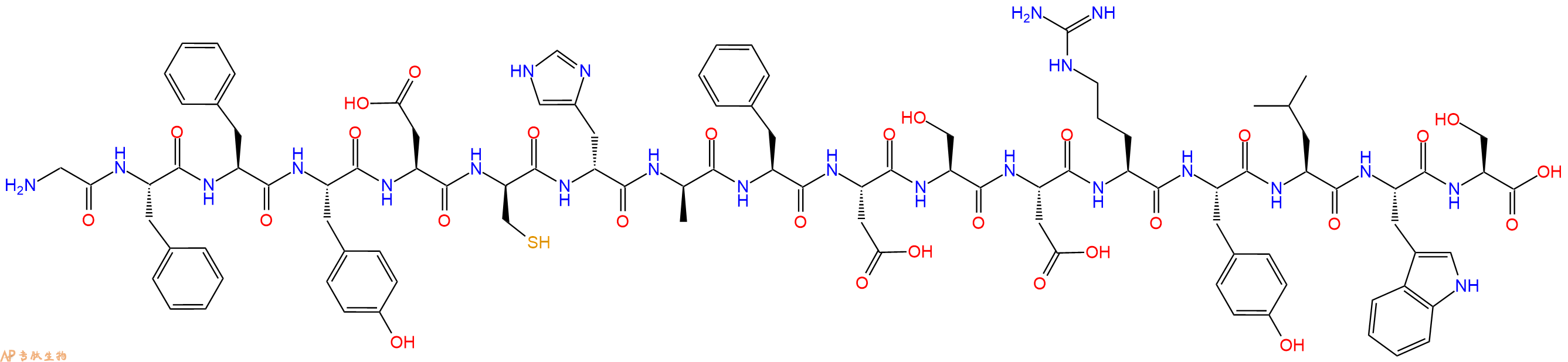 专肽生物产品H2N-Gly-Phe-Phe-Tyr-Asp-DCys-DHis-DAla-Phe-Asp-Ser-Asp-Arg-Tyr-Leu-Trp-Ser-OH