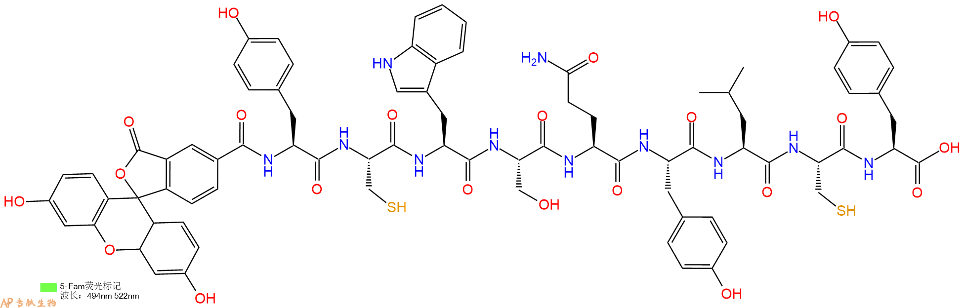 专肽生物产品5FAM-Tyr-Cys-Trp-Ser-Gln-Tyr-Leu-Cys-Tyr-OH