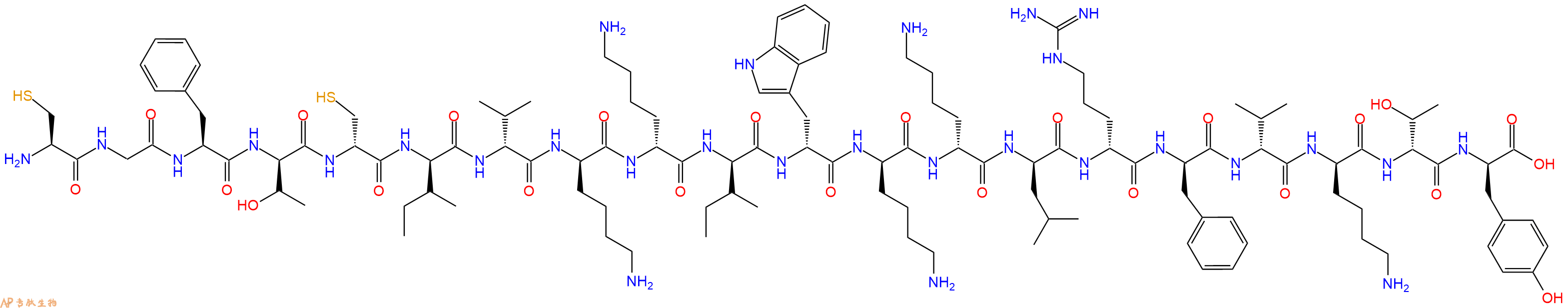 专肽生物产品H2N-Cys-Gly-Phe-DThr-DCys-DIle-DVal-DLys-DLys-DIle-DTrp-DLys-DLys-DLeu-DArg-DPhe-DVal-DLys-DThr-DTyr-OH