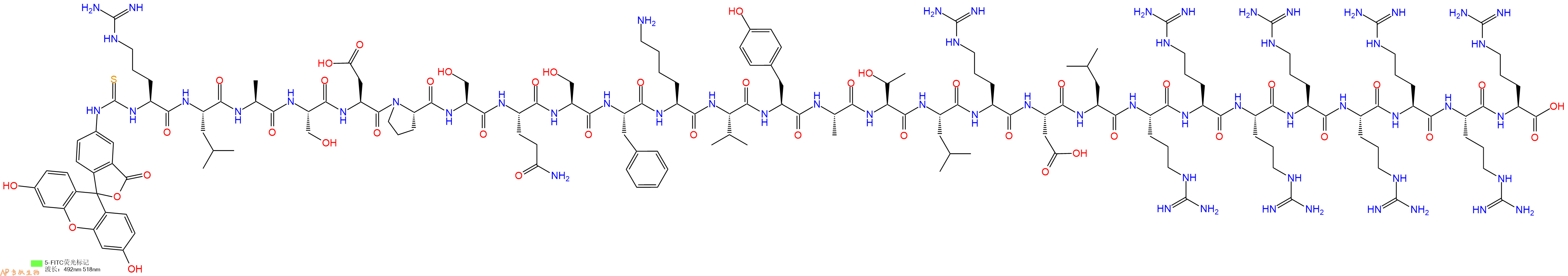 专肽生物产品5FITC-Arg-Leu-Ala-Ser-Asp-Pro-Ser-Gln-Ser-Phe-Lys-Val-Tyr-Ala-Thr-Leu-Arg-Asp-Leu-Arg-Arg-Arg-Arg-Arg-Arg-Arg-Arg-OH