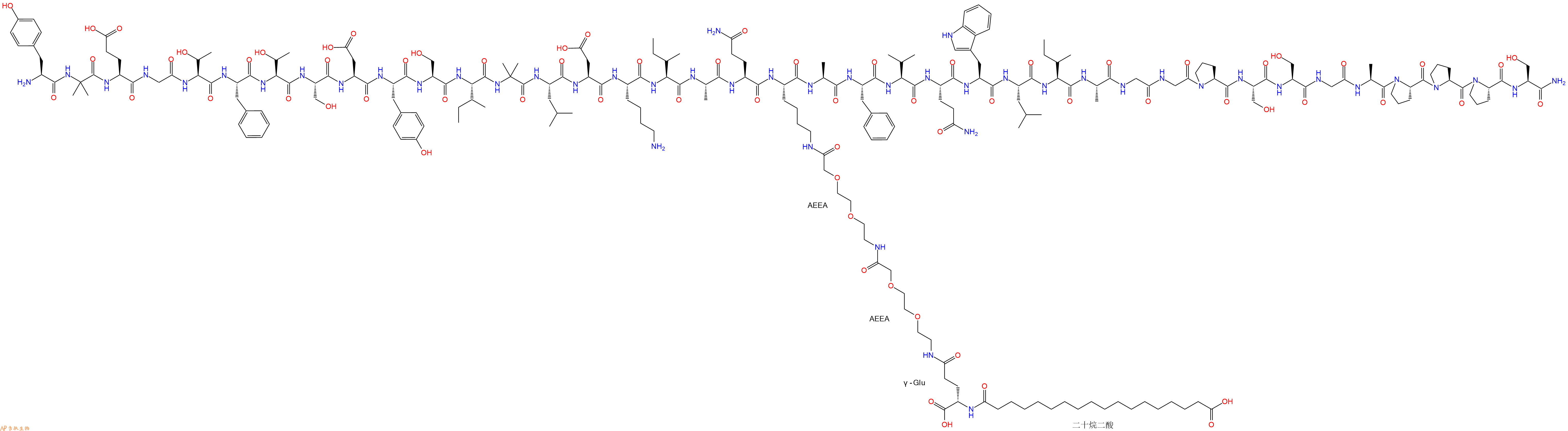 专肽生物产品H2N-Tyr-Aib-Glu-Gly-Thr-Phe-Thr-Ser-Asp-Tyr-Ser-Ile-Aib-Leu-Asp-Lys-Ile-Ala-Gln-Lys(替尔泊肽侧链)-Ala-Phe-Val-Gln-Trp-Leu-Ile-Ala-Gly-Gly-Pro-Ser-Ser-Gly-Ala-Pro-Pro-Pro-Ser-NH2