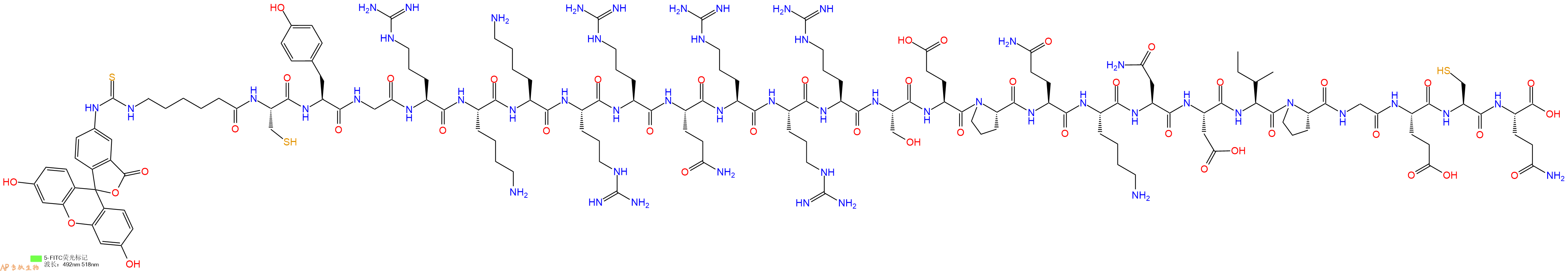 专肽生物产品5FITC-Ahx-Cys-Tyr-Gly-Arg-Lys-Lys-Arg-Arg-Gln-Arg-Arg-Arg-Ser-Glu-Pro-Gln-Lys-Asn-Asp-Ile-Pro-Gly-Glu-Cys-Gln-OH