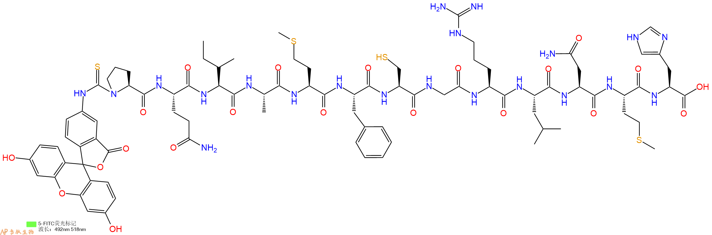 专肽生物产品5FITC-Pro-Gln-Ile-Ala-Met-Phe-Cys-Gly-Arg-Leu-Asn-Met-His-OH