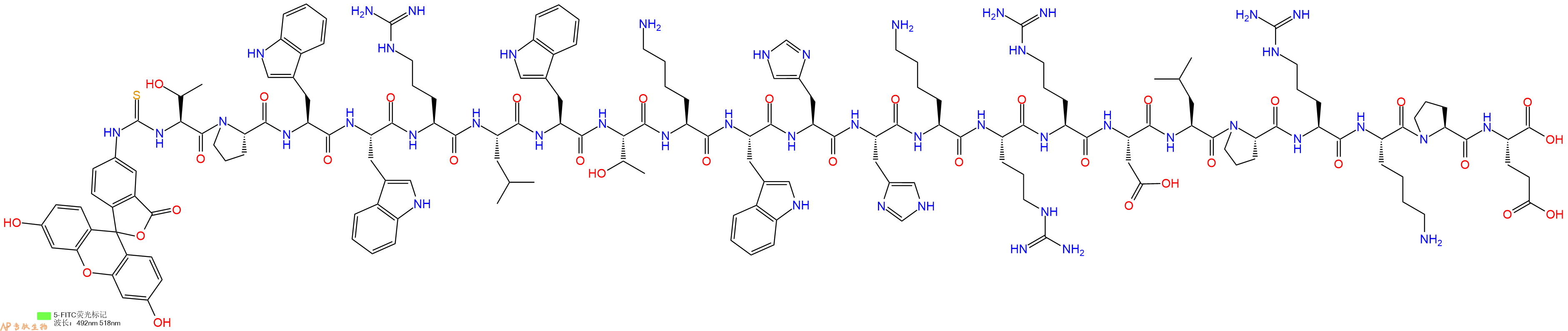专肽生物产品5FITC-Thr-Pro-Trp-Trp-Arg-Leu-Trp-Thr-Lys-Trp-His-His-Lys-Arg-Arg-Asp-Leu-Pro-Arg-Lys-Pro-Glu-OH