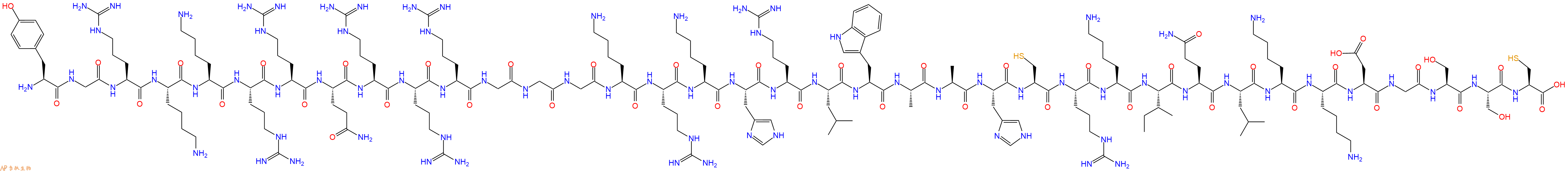 专肽生物产品H2N-Tyr-Gly-Arg-Lys-Lys-Arg-Arg-Gln-Arg-Arg-Arg-Gly-Gly-Gly-Lys-Arg-Lys-His-Arg-Leu-Trp-Ala-Ala-His-Cys-Arg-Lys-Ile-Gln-Leu-Lys-Lys-Asp-Gly-Ser-Ser-Cys-OH