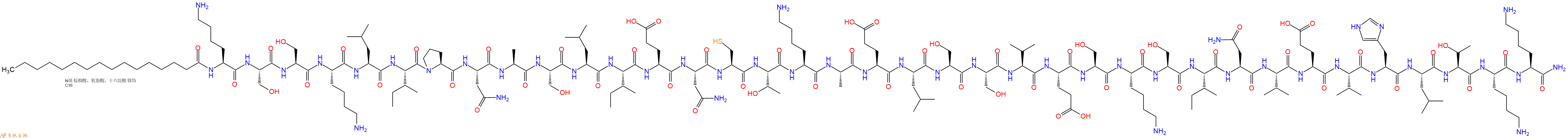 专肽生物产品Palmiticacid-Lys-Ser-Ser-Lys-Leu-Ile-Pro-Asn-Ala-Ser-Leu-Ile-Glu-Asn-Cys-Thr-Lys-Ala-Glu-Leu-Ser-Ser-Val-Glu-Ser-Lys-Ser-Ile-Asn-Val-Glu-Val-His-Leu-Thr-Lys-Lys-NH2