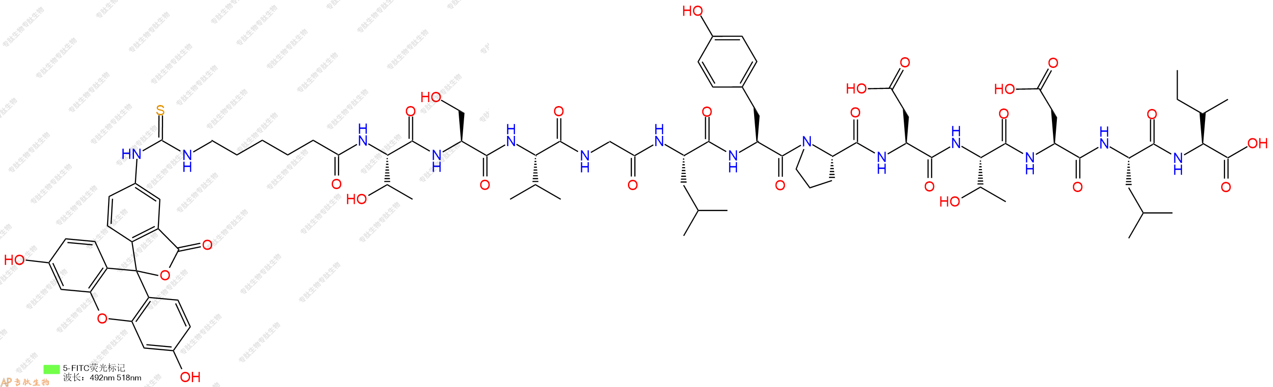 专肽生物产品5FITC-Ahx-Thr-Ser-Val-Gly-Leu-Tyr-Pro-Asp-Thr-Asp-Leu-Ile-OH