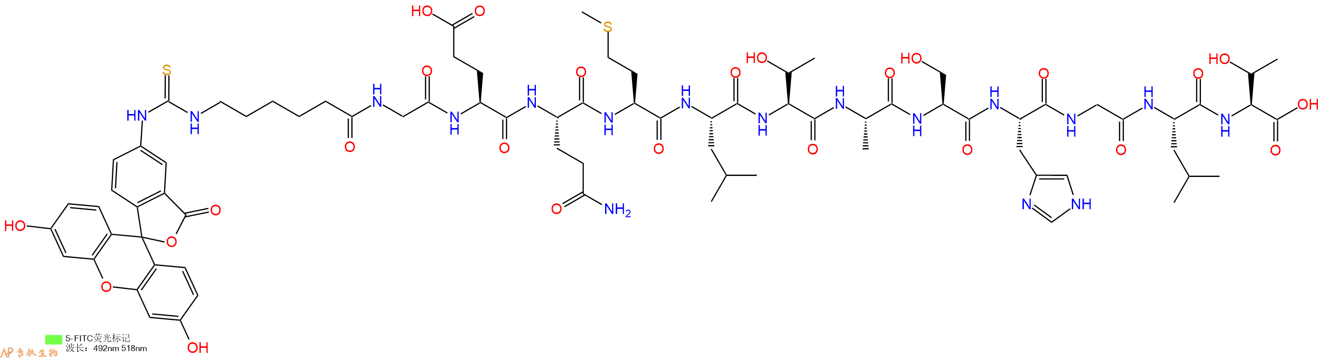 专肽生物产品5FITC-Ahx-Gly-Glu-Gln-Met-Leu-Thr-Ala-Ser-His-Gly-Leu-Thr-OH