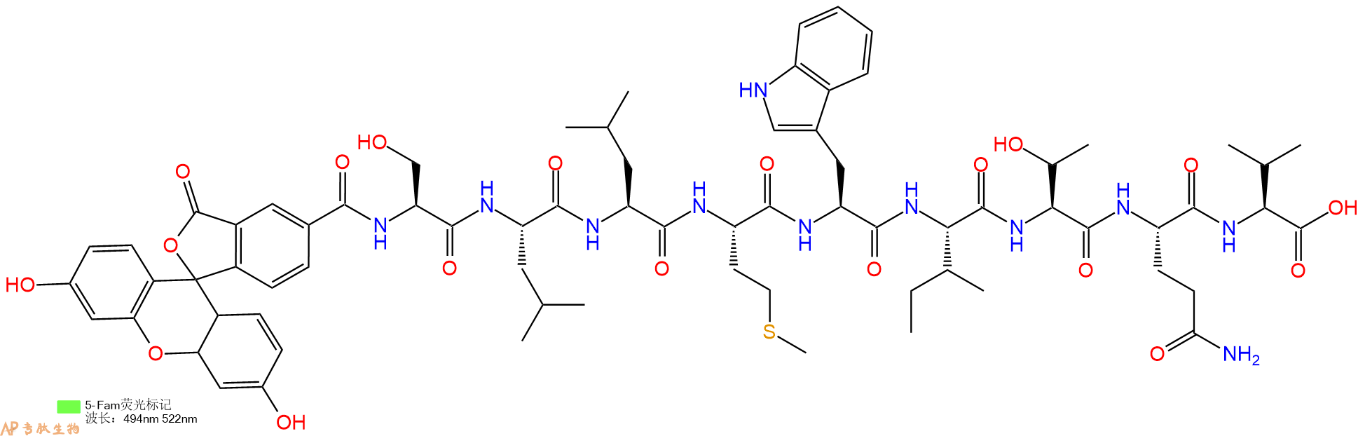 专肽生物产品5FAM-Ser-Leu-Leu-Met-Trp-Ile-Thr-Gln-Val-OH