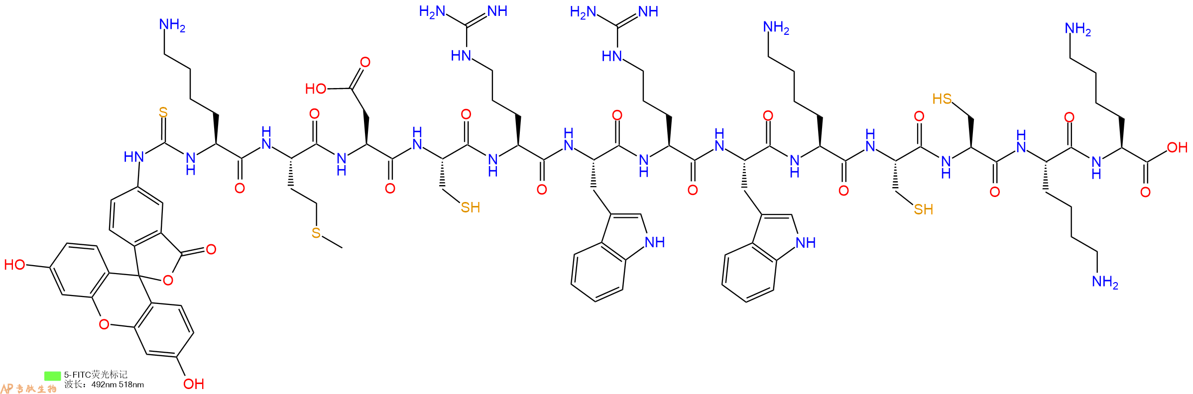 专肽生物产品5FITC-Lys-Met-Asp-Cys-Arg-Trp-Arg-Trp-Lys-Cys-Cys-Lys-Lys-OH
