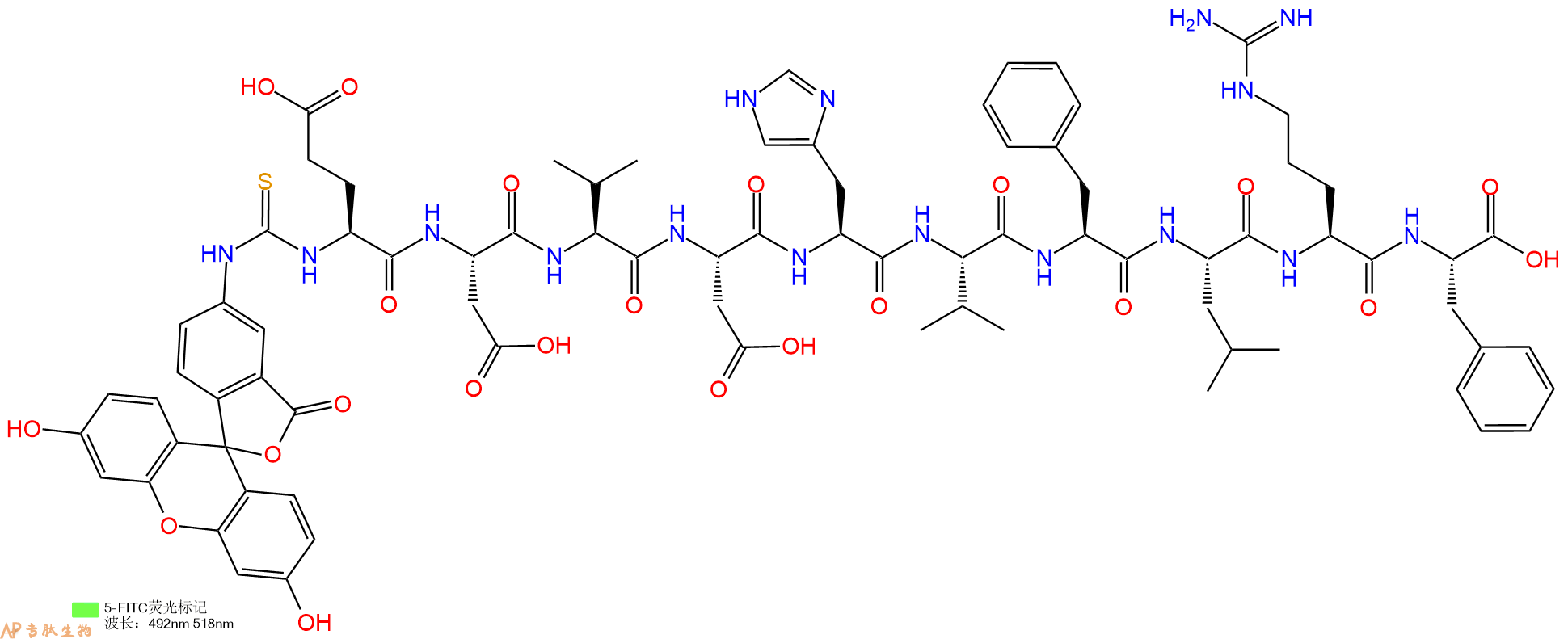 专肽生物产品5FITC-Glu-Asp-Val-Asp-His-Val-Phe-Leu-Arg-Phe-OH