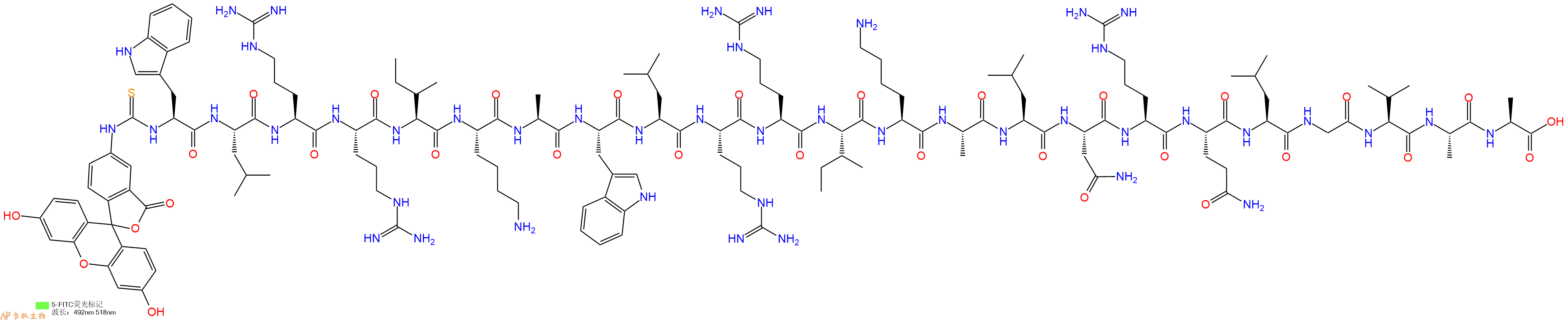 专肽生物产品5FITC-Trp-Leu-Arg-Arg-Ile-Lys-Ala-Trp-Leu-Arg-Arg-Ile-Lys-Ala-Leu-Asn-Arg-Gln-Leu-Gly-Val-Ala-Ala-OH