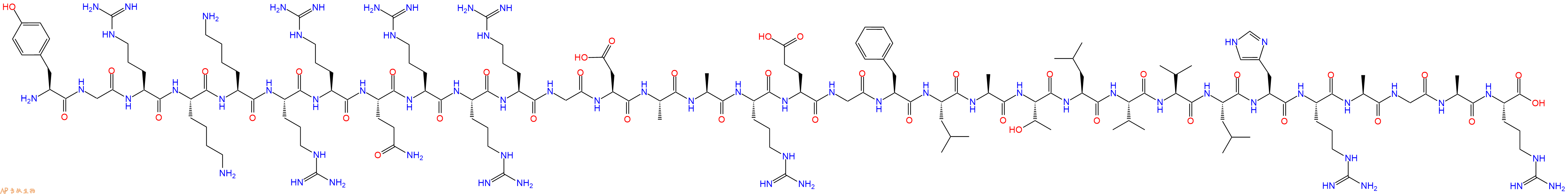 专肽生物产品H2N-Tyr-Gly-Arg-Lys-Lys-Arg-Arg-Gln-Arg-Arg-Arg-Gly-Asp-Ala-Ala-Arg-Glu-Gly-Phe-Leu-Ala-Thr-Leu-Val-Val-Leu-His-Arg-Ala-Gly-Ala-Arg-OH