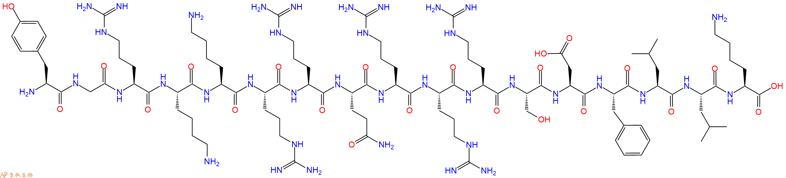 专肽生物产品H2N-Tyr-Gly-Arg-Lys-Lys-Arg-Arg-Gln-Arg-Arg-Arg-Ser-Asp-Phe-Leu-Leu-Lys-OH