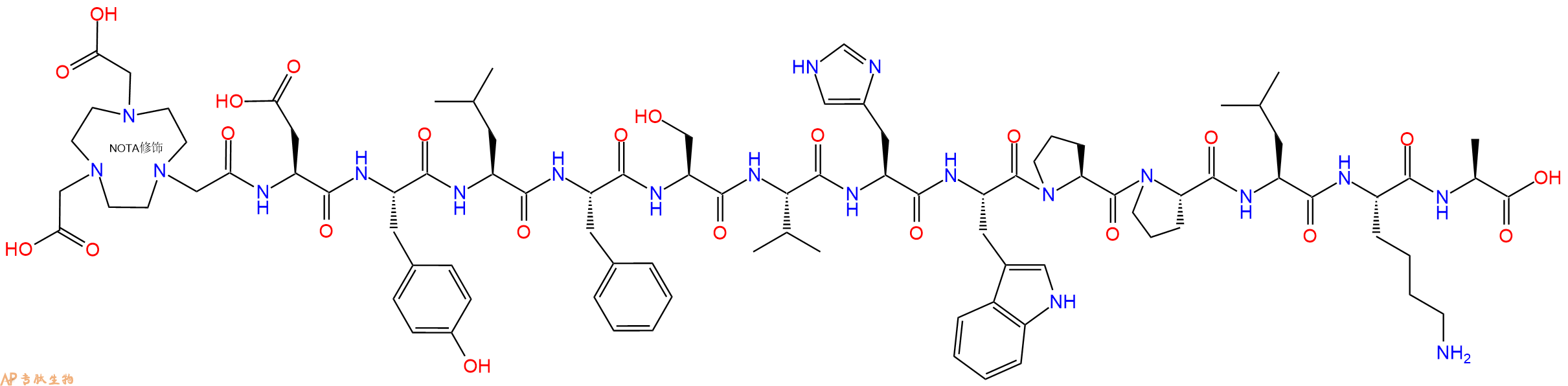 专肽生物产品NOTA-Asp-Tyr-Leu-Phe-Ser-Val-His-Trp-Pro-Pro-Leu-Lys-Ala-OH