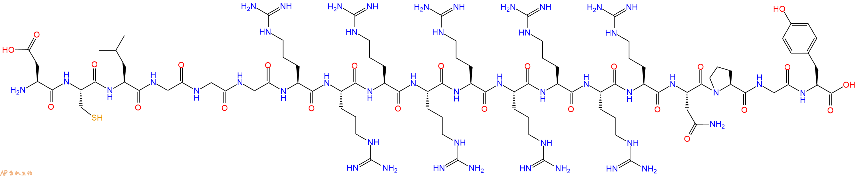 专肽生物产品H2N-Asp-Cys-Leu-Gly-Gly-Gly-Arg-Arg-Arg-Arg-Arg-Arg-Arg-Arg-Arg-Asn-Pro-Gly-Tyr-OH