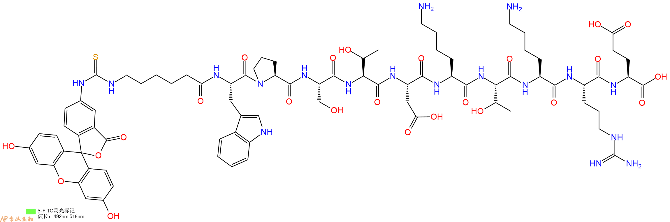 专肽生物产品5FITC-Ahx-Trp-Pro-Ser-Thr-Asp-Lys-Thr-Lys-Arg-Glu-OH
