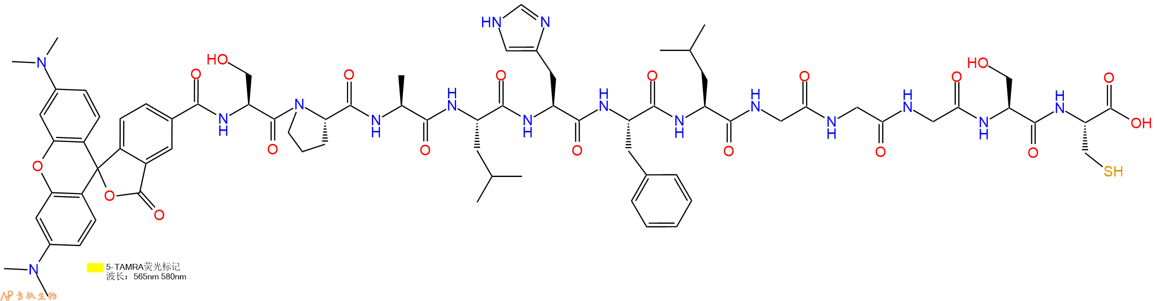 专肽生物产品5TAMRA-Ser-Pro-Ala-Leu-His-Phe-Leu-Gly-Gly-Gly-Ser-Cys-OH