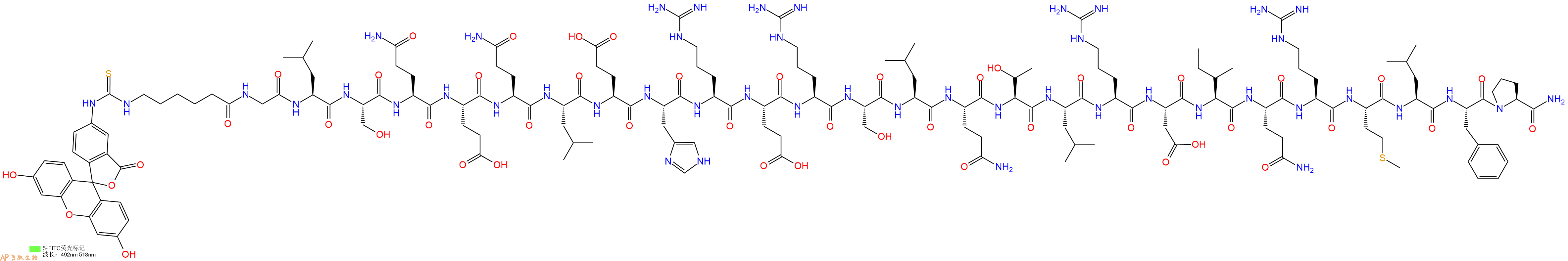专肽生物产品5FITC-Ahx-Gly-Leu-Ser-Gln-Glu-Gln-Leu-Glu-His-Arg-Glu-Arg-Ser-Leu-Gln-Thr-Leu-Arg-Asp-Ile-Gln-Arg-Met-Leu-Phe-Pro-NH2