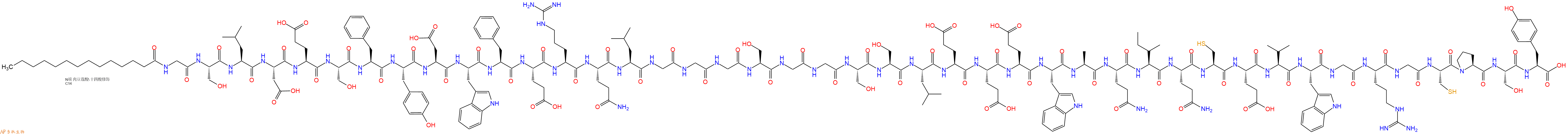 专肽生物产品Myristicacid-Gly-Ser-Leu-Asp-Glu-Ser-Phe-Tyr-Asp-Trp-Phe-Glu-Arg-Gln-Leu-Gly-Gly-Gly-Ser-Gly-Gly-Ser-Ser-Leu-Glu-Glu-Glu-Trp-Ala-Gln-Ile-Gln-Cys-Glu-Val-Trp-Gly-Arg-Gly-Cys-Pro-Ser-Tyr-OH