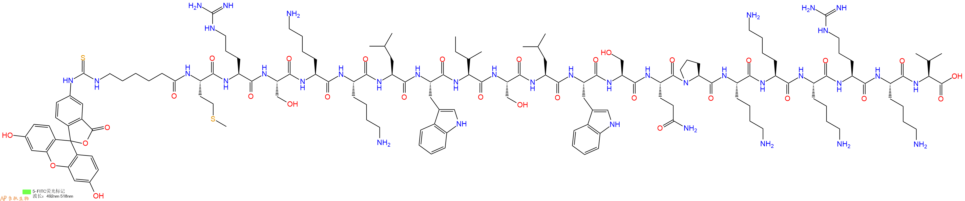 专肽生物产品5FITC-Ahx-Met-Arg-Ser-Lys-Lys-Leu-Trp-Ile-Ser-Leu-Trp-Ser-Gln-Pro-Lys-Lys-Lys-Arg-Lys-Val-OH