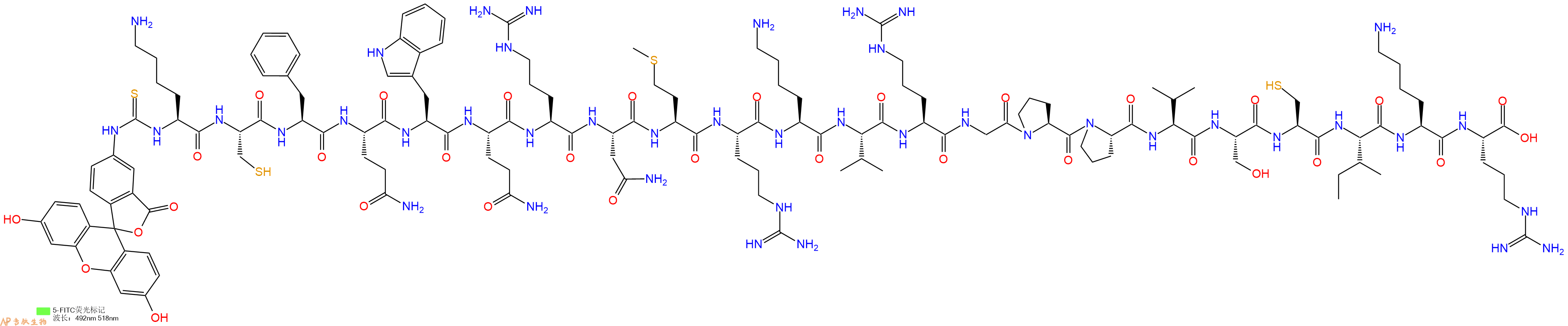 专肽生物产品5FITC-Lys-Cys-Phe-Gln-Trp-Gln-Arg-Asn-Met-Arg-Lys-Val-Arg-Gly-Pro-Pro-Val-Ser-Cys-Ile-Lys-Arg-OH