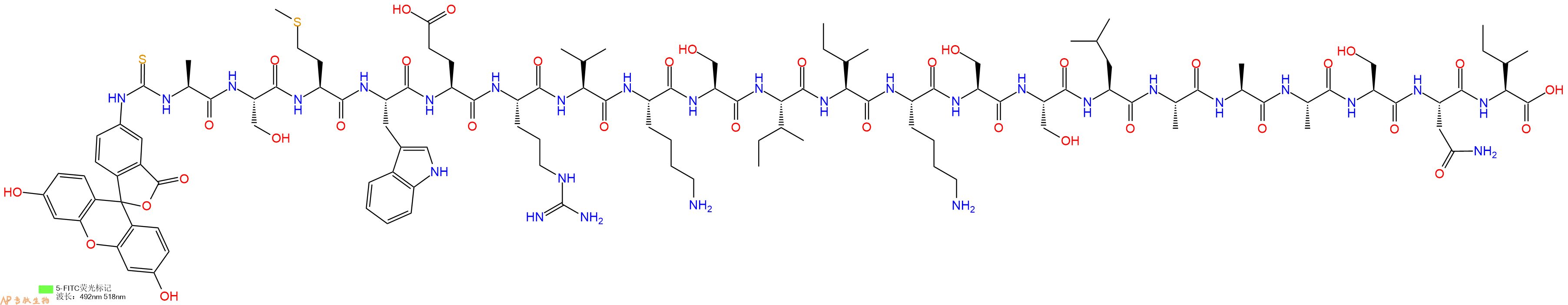 专肽生物产品5FITC-Ala-Ser-Met-Trp-Glu-Arg-Val-Lys-Ser-Ile-Ile-Lys-Ser-Ser-Leu-Ala-Ala-Ala-Ser-Asn-Ile-OH