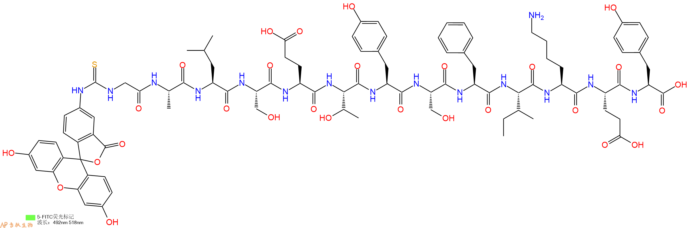 专肽生物产品5FITC-Gly-Ala-Leu-Ser-Glu-Thr-Tyr-Ser-Phe-Ile-Lys-Glu-Tyr-OH