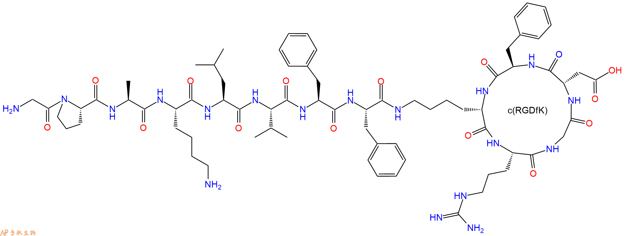 专肽生物产品H2N-Gly-Pro-Ala-Lys-Leu-Val-Phe-Phe-c(RGDfK)-OH