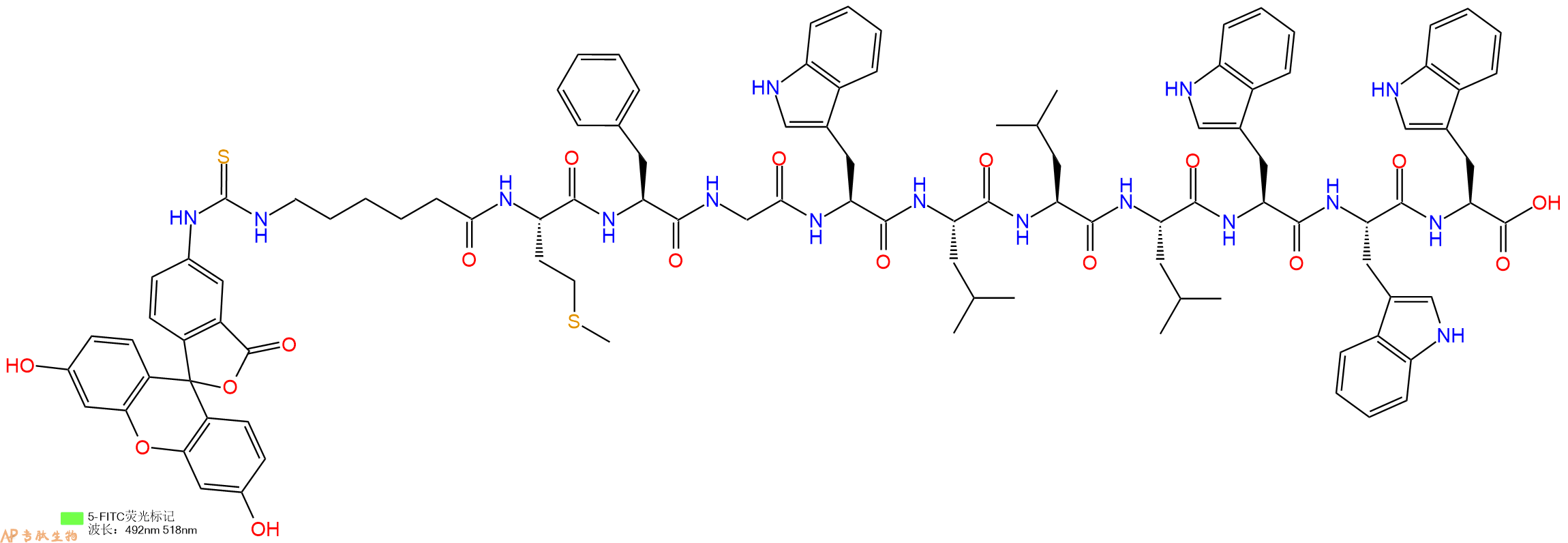 专肽生物产品5FITC-Ahx-Met-Phe-Gly-Trp-Leu-Leu-Leu-Trp-Trp-Trp-OH