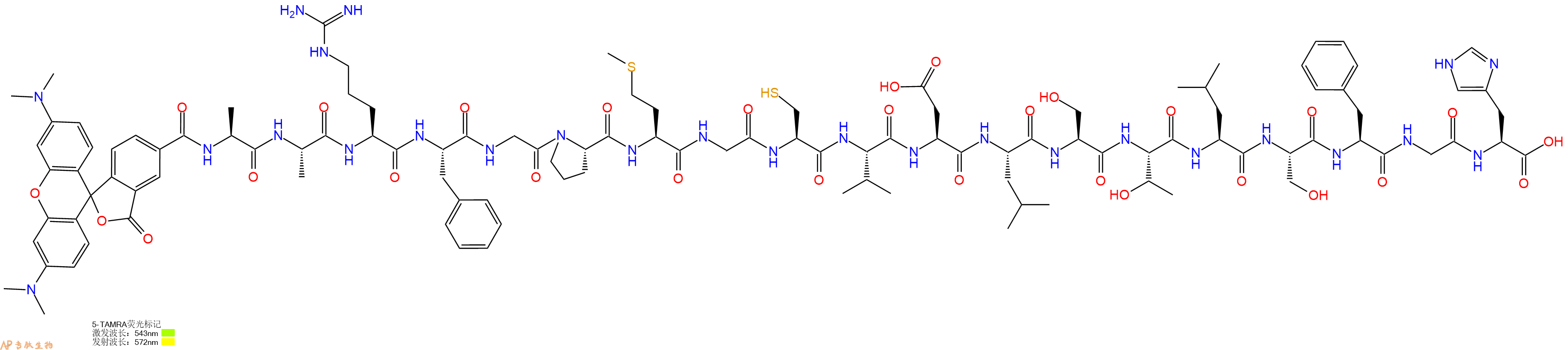 专肽生物产品5TAMRA-Ala-Ala-Arg-Phe-Gly-Pro-Met-Gly-Cys-Val-Asp-Leu-Ser-Thr-Leu-Ser-Phe-Gly-His-OH