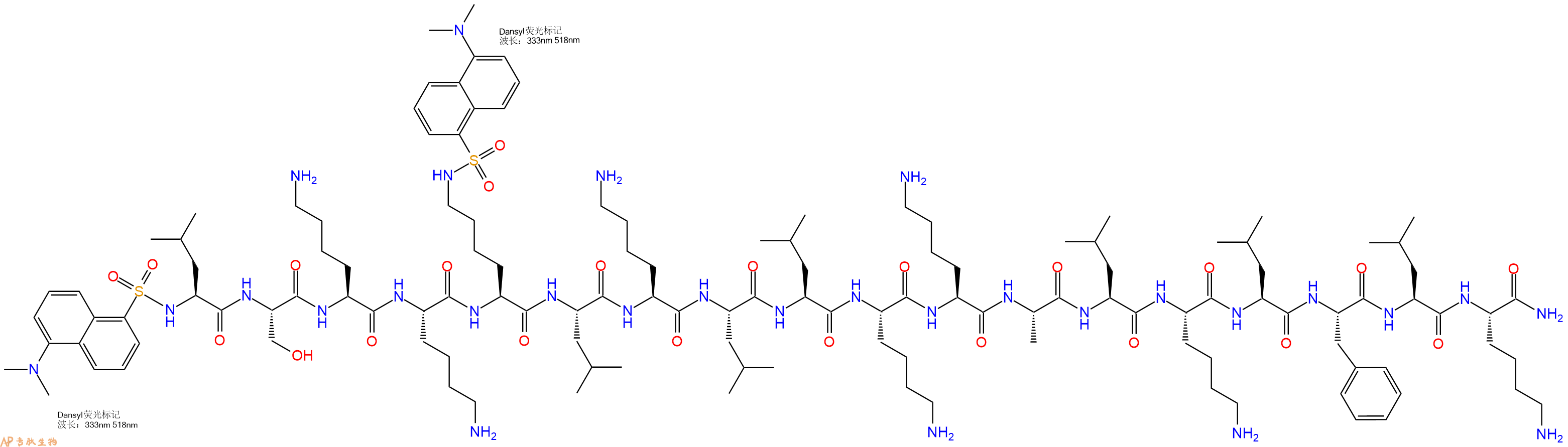 专肽生物产品Dansyl-Leu-Ser-Lys-Lys-Lys(Dansyl)-Leu-Lys-Leu-Leu-Lys-Lys-Ala-Leu-Lys-Leu-Phe-Leu-Lys-NH2