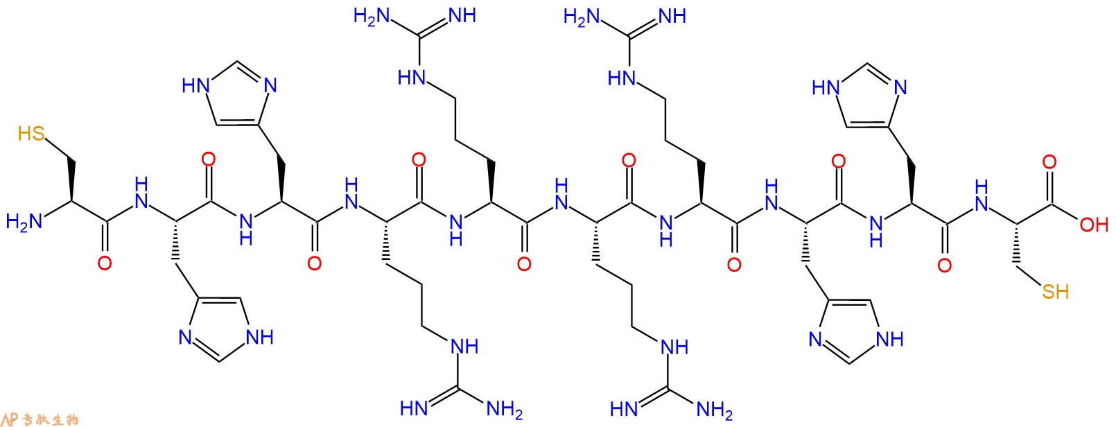 专肽生物产品H2N-Cys-His-His-Arg-Arg-Arg-Arg-His-His-Cys-OH