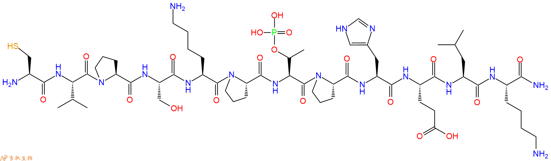 专肽生物产品H2N-Cys-Val-Pro-Ser-Lys-Pro-pThr-Pro-His-Glu-Leu-Lys-NH2