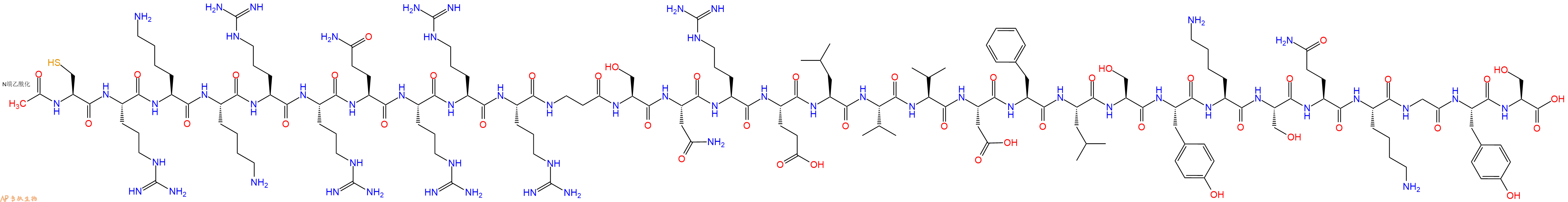 专肽生物产品Ac-Cys-Arg-Lys-Lys-Arg-Arg-Gln-Arg-Arg-Arg-βAla-Ser-Asn-Arg-Glu-Leu-Val-Val-Asp-Phe-Leu-Ser-Tyr-Lys-Ser-Gln-Lys-Gly-Tyr-Ser-OH