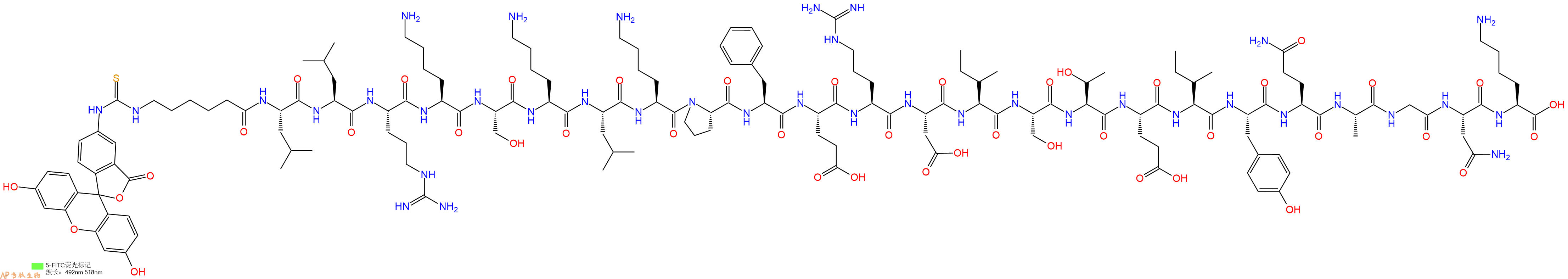 专肽生物产品5FITC-Ahx-Leu-Leu-Arg-Lys-Ser-Lys-Leu-Lys-Pro-Phe-Glu-Arg-Asp-Ile-Ser-Thr-Glu-Ile-Tyr-Gln-Ala-Gly-Asn-Lys-OH