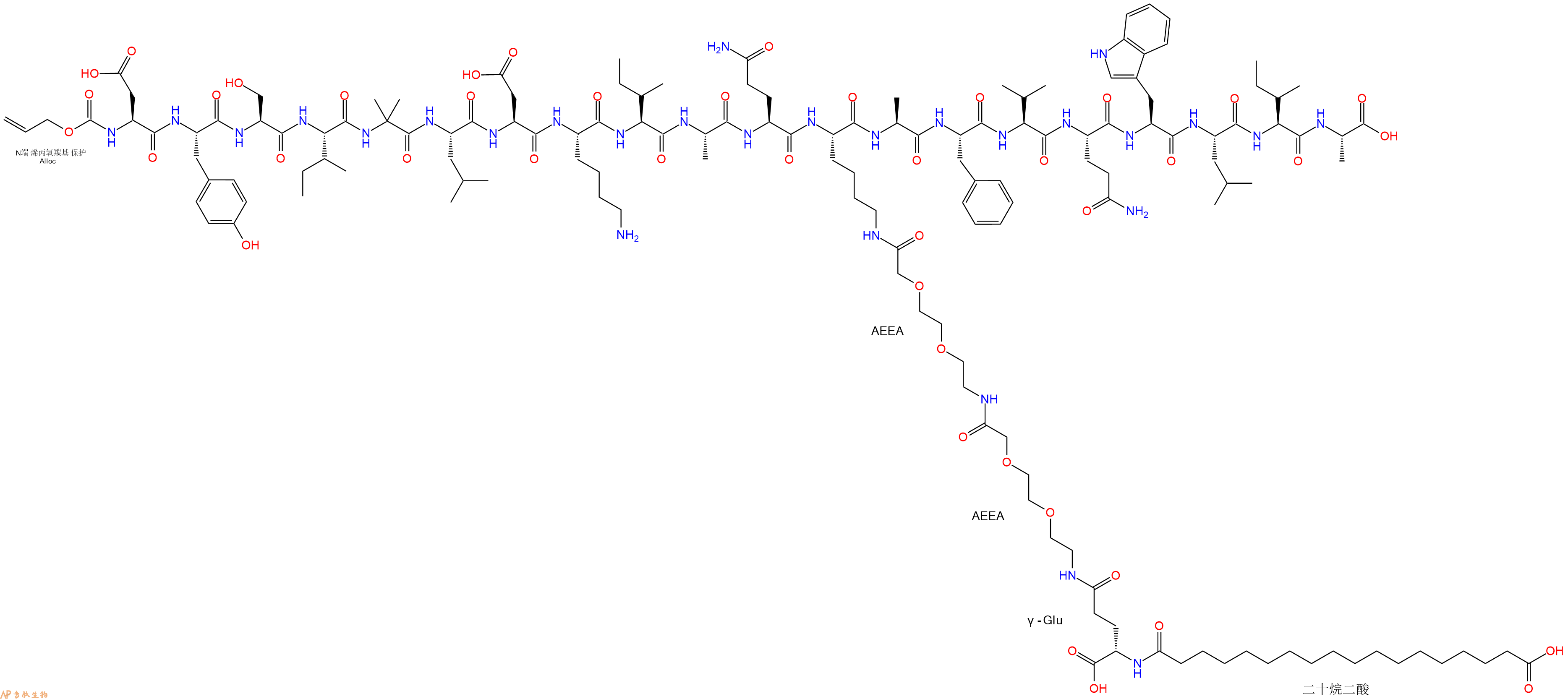 专肽生物产品Alloc-Asp-Tyr-Ser-Ile-Aib-Leu-Asp-Lys-Ile-Ala-Gln-Lys(替尔泊肽侧链)-Ala-Phe-Val-Gln-Trp-Leu-Ile-Ala-OH