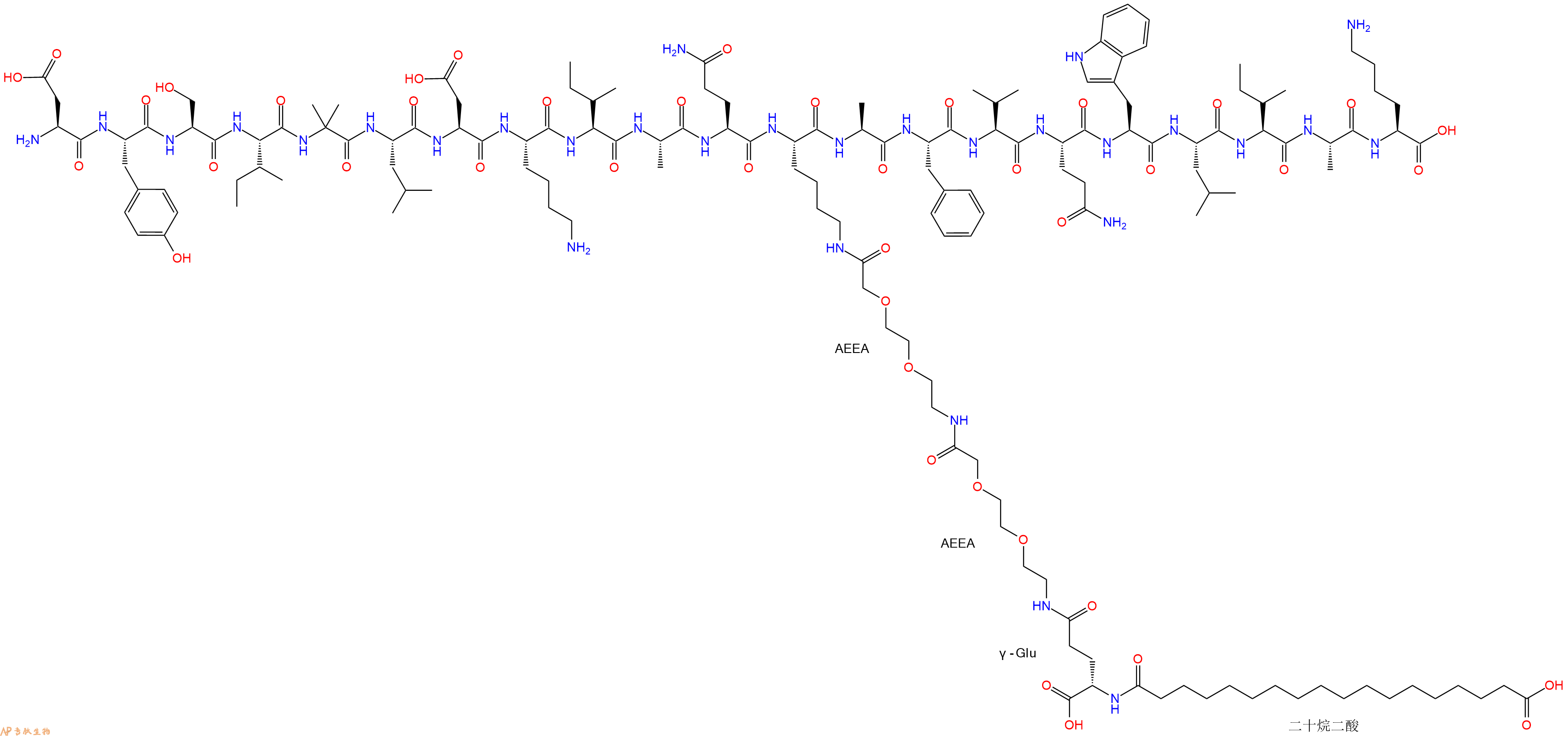 专肽生物产品H2N-Asp-Tyr-Ser-Ile-Aib-Leu-Asp-Lys-Ile-Ala-Gln-Lys(替尔泊肽侧链)-Ala-Phe-Val-Gln-Trp-Leu-Ile-Ala-Lys-OH