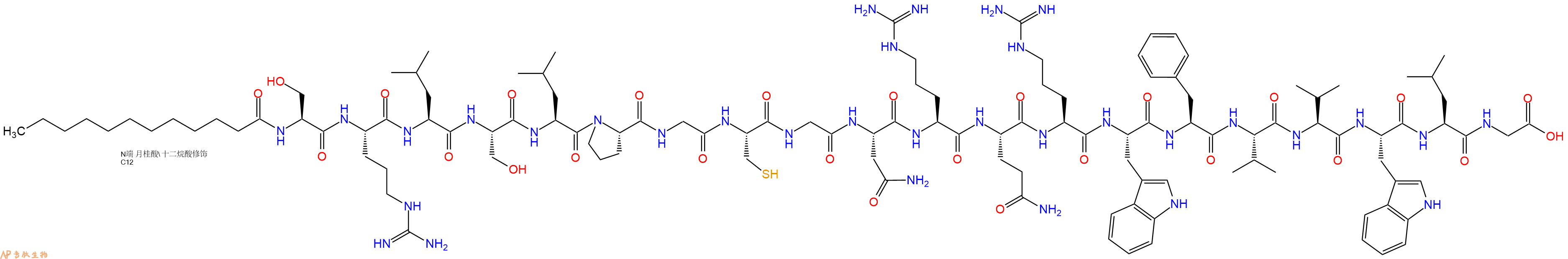 专肽生物产品Dodecanoicacid-Ser-Arg-Leu-Ser-Leu-Pro-Gly-Cys-Gly-Asn-Arg-Gln-Arg-Trp-Phe-Val-Val-Trp-Leu-Gly-OH