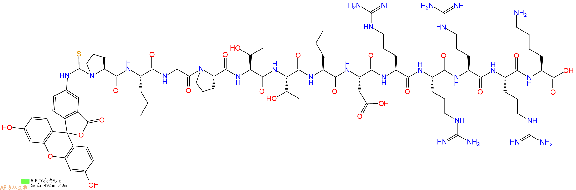专肽生物产品5FITC-Pro-Leu-Gly-Pro-Thr-Thr-Leu-Asp-Arg-Arg-Arg-Arg-Lys-OH