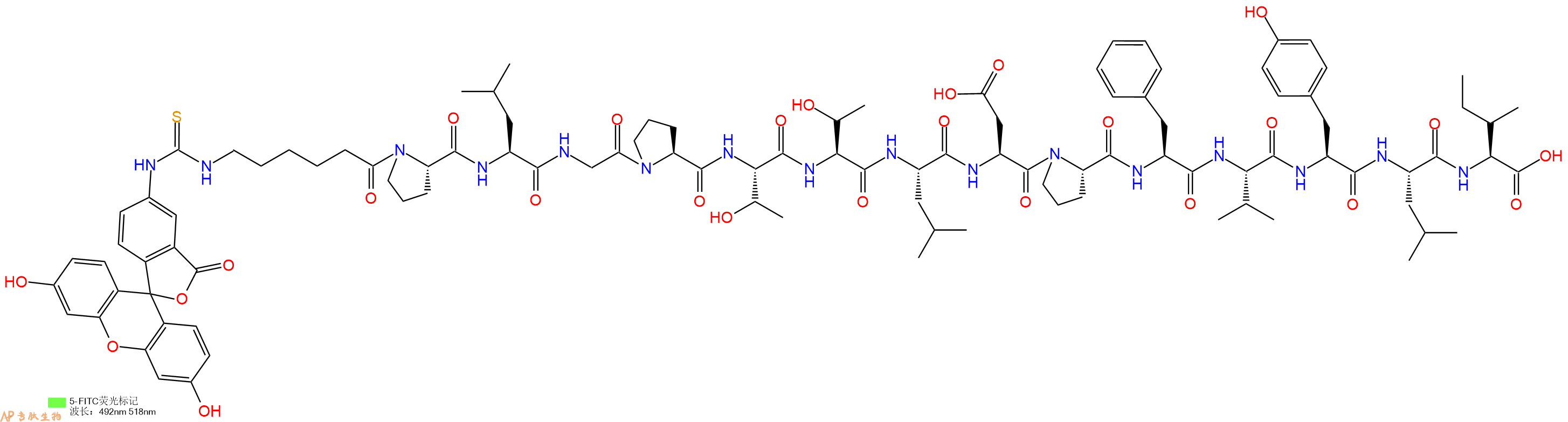 专肽生物产品5FITC-Ahx-Pro-Leu-Gly-Pro-Thr-Thr-Leu-Asp-Pro-Phe-Val-Tyr-Leu-Ile-OH