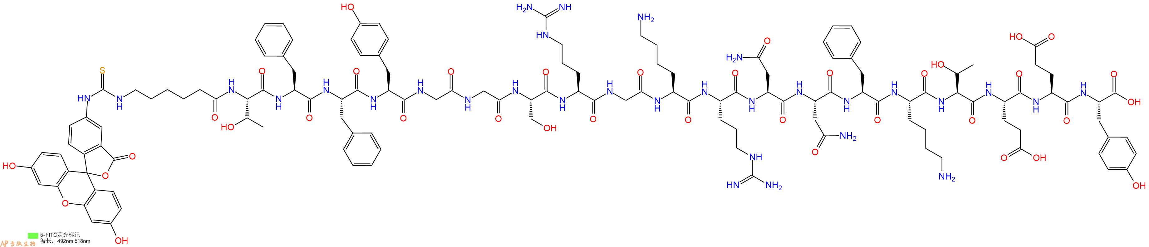 专肽生物产品5FITC-Ahx-Thr-Phe-Phe-Tyr-Gly-Gly-Ser-Arg-Gly-Lys-Arg-Asn-Asn-Phe-Lys-Thr-Glu-Glu-Tyr-OH