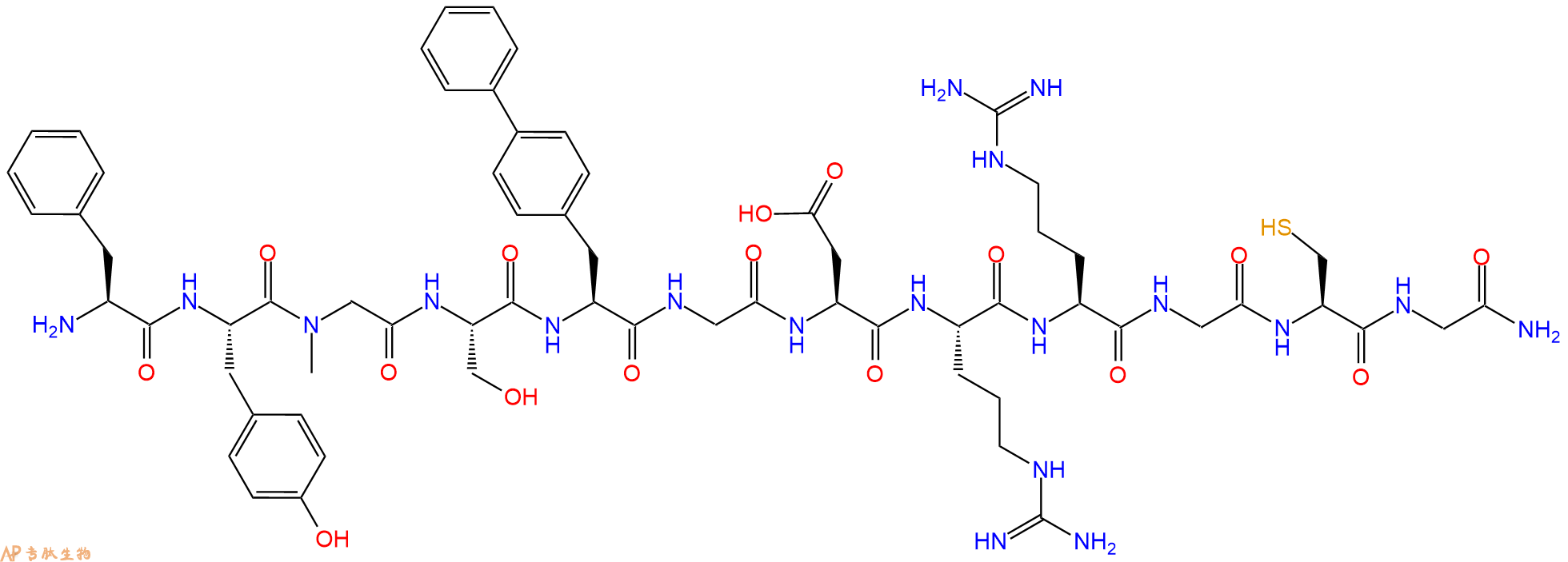 专肽生物产品H2N-Phe-Tyr-Sar-Ser-Bip-Gly-Asp-Arg-Arg-Gly-Cys-Gly-NH2