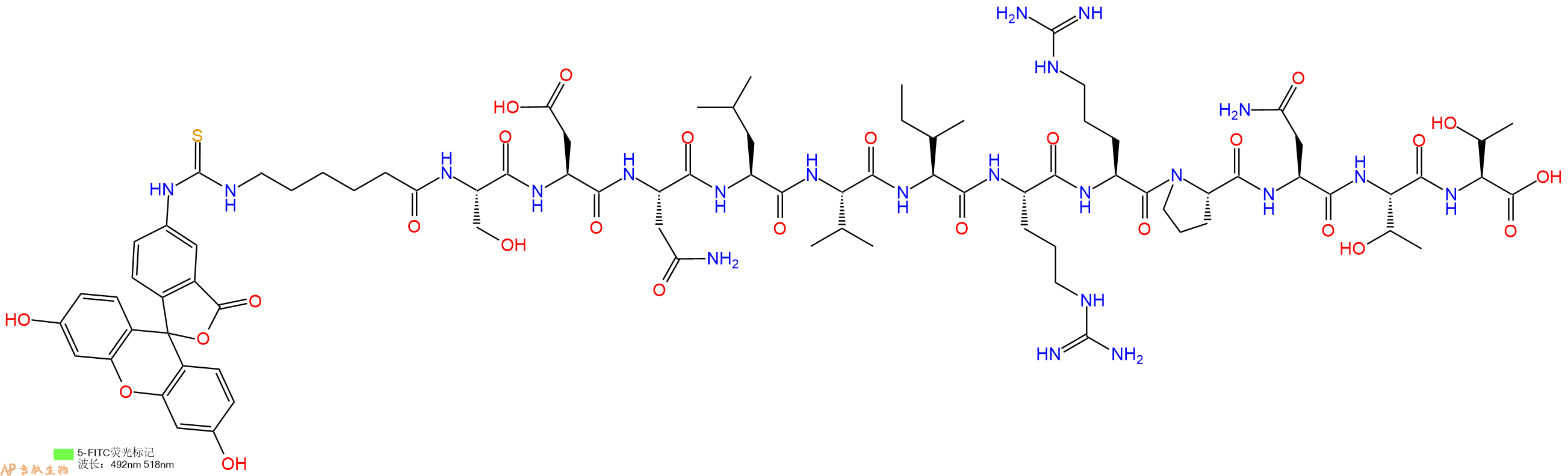 专肽生物产品5FITC-Ahx-Ser-Asp-Asn-Leu-Val-Ile-Arg-Arg-Pro-Asn-Thr-Thr-OH