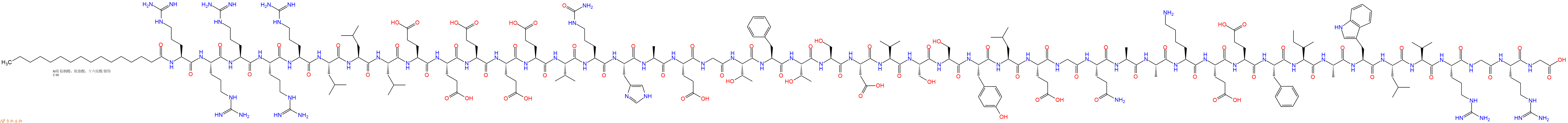 专肽生物产品Palmiticacid-Arg-Arg-Arg-Arg-Arg-Leu-Leu-Leu-Glu-Glu-Glu-Glu-Glu-Val-Cit-His-Ala-Glu-Gly-Thr-Phe-Thr-Ser-Asp-Val-Ser-Ser-Tyr-Leu-Glu-Gly-Gln-Ala-Ala-Lys-Glu-Glu-Phe-Ile-Ala-Trp-Leu-Val-Arg-Gly-Arg-Gly-OH