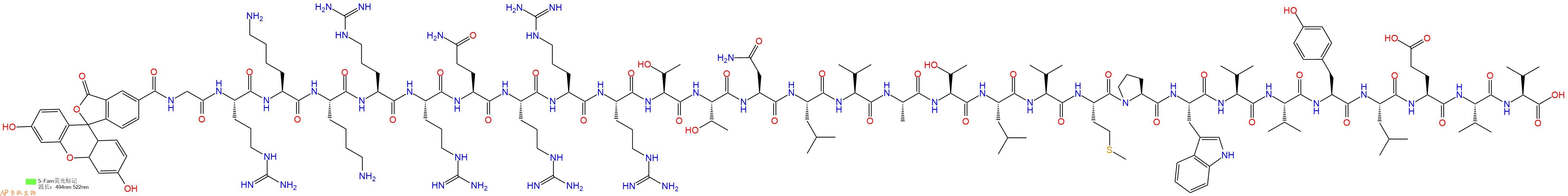 专肽生物产品5FAM-Gly-Arg-Lys-Lys-Arg-Arg-Gln-Arg-Arg-Arg-Thr-Thr-Asn-Leu-Val-Ala-Thr-Leu-Val-Met-Pro-Trp-Val-Val-Tyr-Leu-Glu-Val-Val-OH