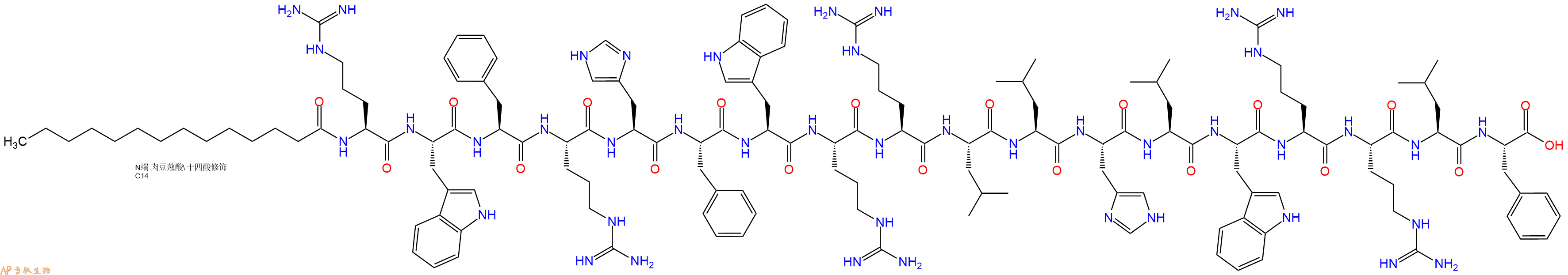 专肽生物产品Myristicacid-Arg-Trp-Phe-Arg-His-Phe-Trp-Arg-Arg-Leu-Leu-His-Leu-Trp-Arg-Arg-Leu-Phe-OH